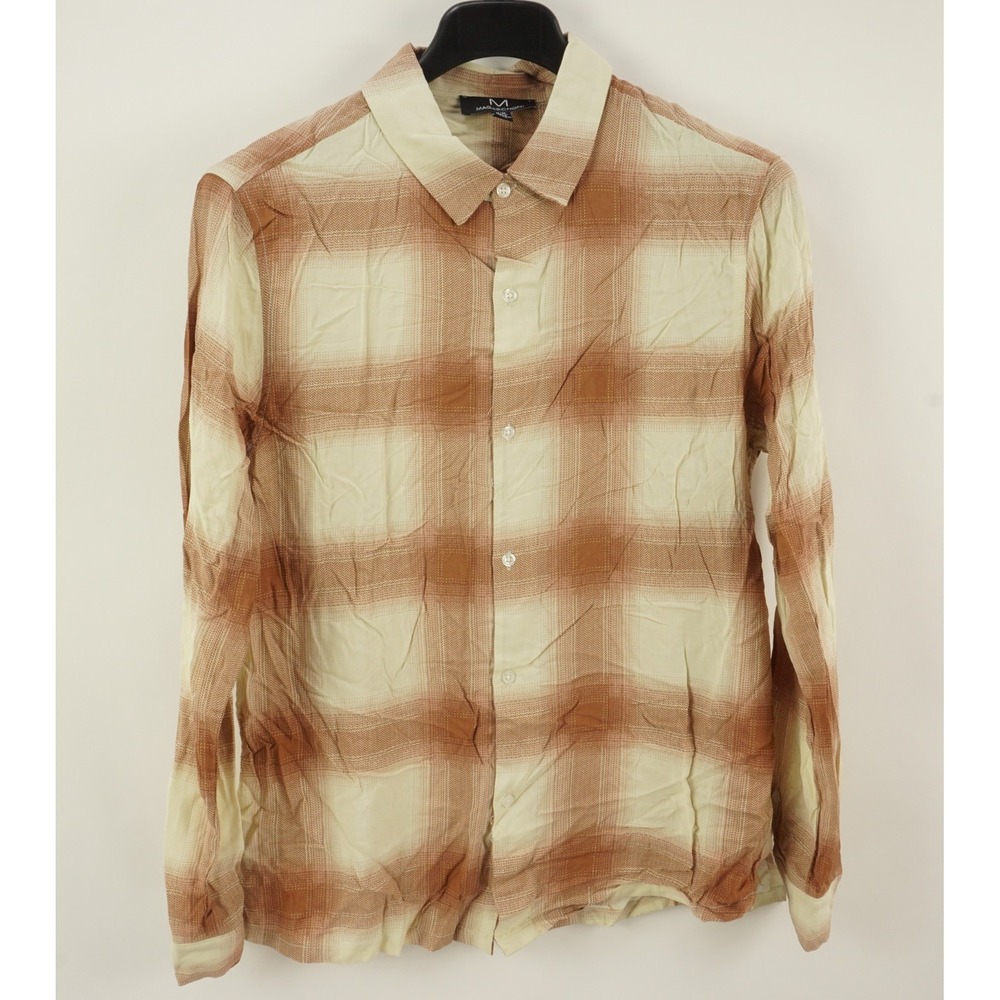 NWOT Magaschoni Men's Medium Long Sleeve Ivory Clay Shadow Plaid Button Up Shirt